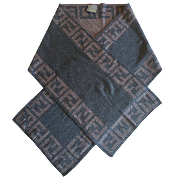 Fendi FF Monogram 100% Wool Scarf Extra Long Signature Logo Brown Like New - Picture 14 of 15